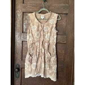 LuPruia Tan Cream Floral Embroidered Eyelet Cotton Button Front Dress Sz L Pleat